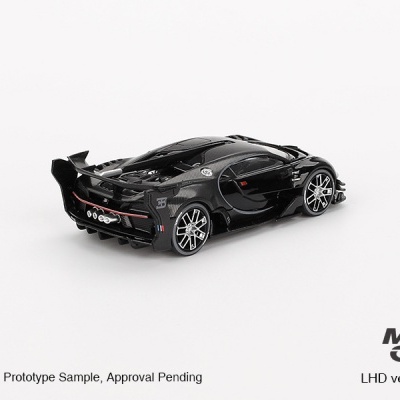 Miniatura de carro desportivo Bugatti preto em fundo branco com texto do produto
