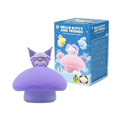 Luz de cogumelo roxo com personagem Hello Kitty and Friends e caixa azul ao fundo.