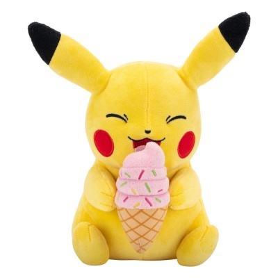 Pelúcia Pikachu amarelo com gelado cor-de-rosa