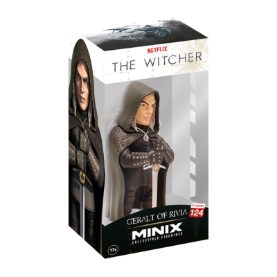 Caixa transparente com figurinha colecionável Geralt of Rivia da série NETFLIX THE WITCHER.