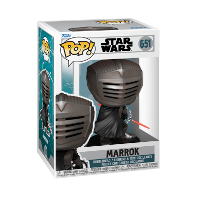 Figura POP! de vinil Star Wars Marrok com capacete preto e espada luz vermelha na caixa.