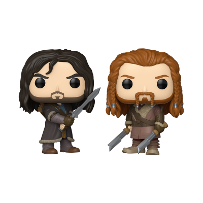 Duas figuras Funko Pop de vinil de personagens com roupas de inverno e armas.