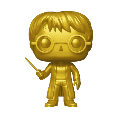 Figura colecionável Funko Pop dourada com óculos redondos e varinha