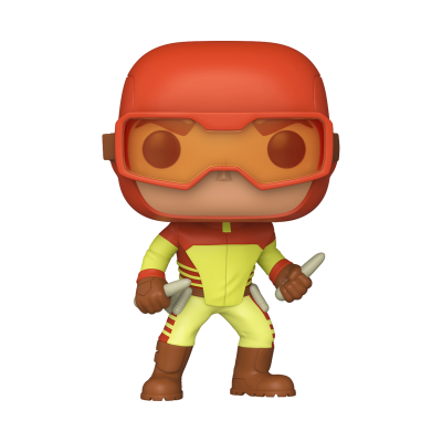 Funko Pop com capacete vermelho, fato amarelo e vermelho, e botas castanhas