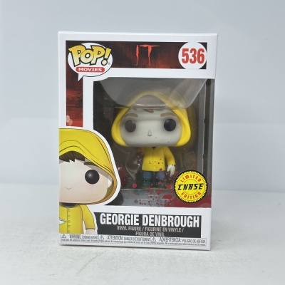 Embalagem de figura Funko Pop amarela e branca com personagem Georgie Denbrough do filme IT.