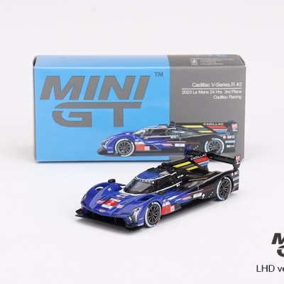 Miniatura de carro de corrida preto e azul com caixa MINIGT