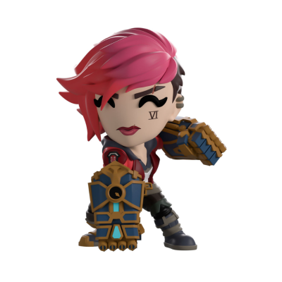 Figura colecionável de personagem com cabelo rosa, símbolo VI na bochecha e luvas grandes azul e dourado.