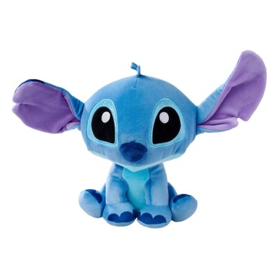 Pelúcia azul do personagem Stitch com grandes orelhas roxas e olhos grandes