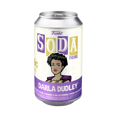 Lata Funko Soda Darla Dudley com rótulo branco, roxo e dourado e ilustração de uma mulher negra com cabelo curto.