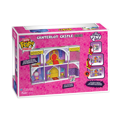 Caixa rosa Bitty Pop! My Little Pony Canterlot Castle com imagens do castelo desmontável