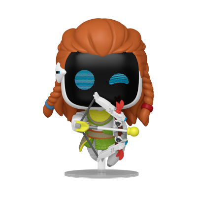 Figura Funko Pop com cabelo ruivo, vestido verde e branco e arco colorido em suporte transparente