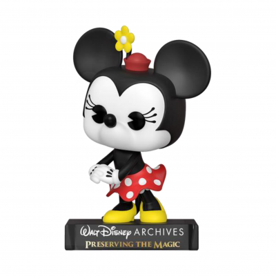 Funko Pop da Minnie Mouse com vestido vermelho às bolinhas brancas e base preta com texto Walt Disney Archives