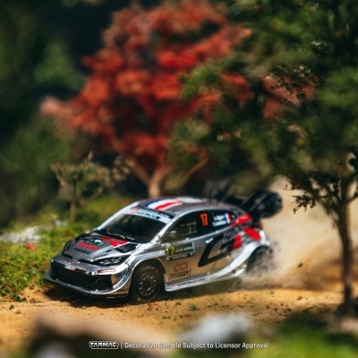 Miniatura de carro de rali cinzento com adesivos e árvores em cenário de terra batida.