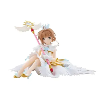 Figura colecionável anime com vestido branco e cetro rosa