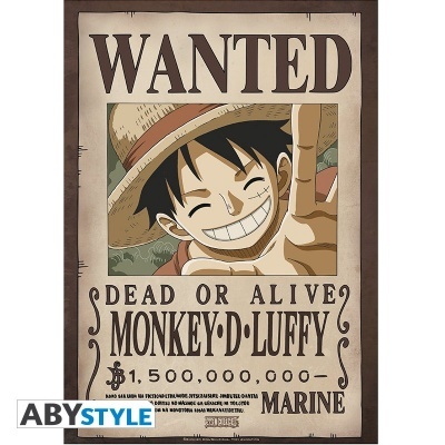 Cartaz WANTED com personagem de desenho animado chapéu de palha e texto MONKEY D. LUFFY