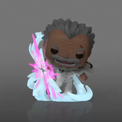 Figura Funko Pop com fato branco e efeito luminoso rosa e azul.