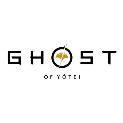 Logótipo preto com a palavra GHOST OF YŌTEI e folha dourada no O