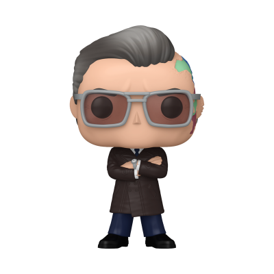 Figura colecionável tipo Funko Pop com cabelo grisalho e óculos