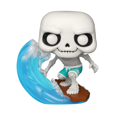 Figura Funko Pop de esqueleto a fazer surf com calções verdes e onda azul