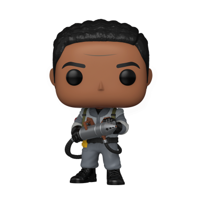 Figura Funko Pop personagem Ghostbusters com fato cinzento e dispositivo prateado