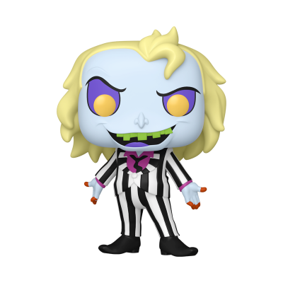 Figura colecionável Funko Pop com roupa riscada e cabelo amarelo