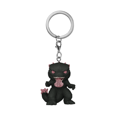 Porta-chaves Godzilla em plástico preto e rosa com argola metálica prateada