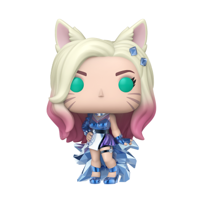 Figura Funko Pop com orelhas de gato, cabelo loiro e cor-de-rosa, vestido azul metálico