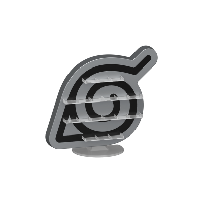 Expositor cinzento em forma de folha com prateleiras transparentes.