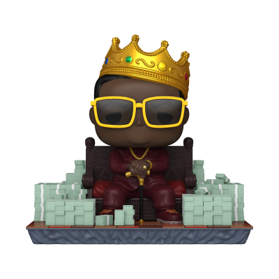 Figura de homem com coroa dourada sentado num trono rodeado de pilhas de dinheiro.