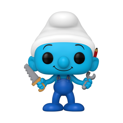 Figura de vinil estilo Pop! de personagem azul com chapéu branco e ferramentas