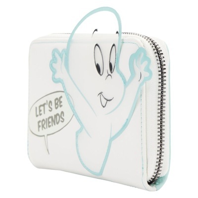 Carteira branca com desenho de fantasma e texto 'LET'S BE FRIENDS'