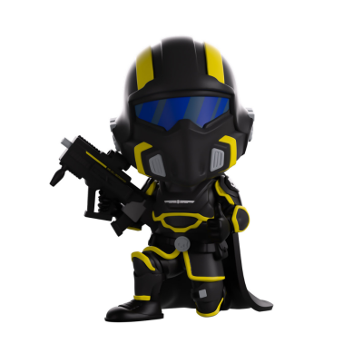 Figura de ação de soldado futurista com capacete e roupa preta e amarela, segurando arma.
