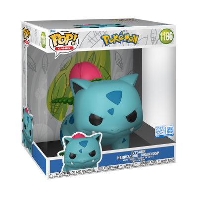 Boneco Funko Pop! Pokémon Ivysaur azul com flor rosa em embalagem branca.