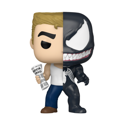 Figura Funko Pop metade homem loiro e metade personagem preta com dentes afiados e símbolo de aranha