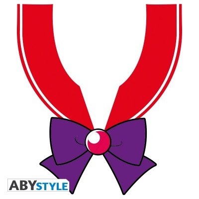 Colar vermelho com listras brancas e laço roxo com centro vermelho, logotipo ABYSTYLE