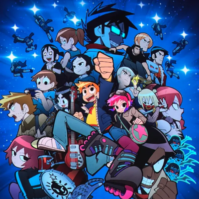 Ilustração colorida de personagens animados em fundo estrelado azul