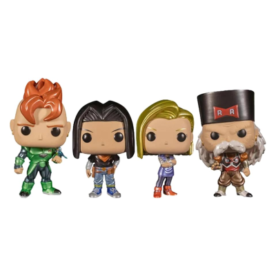Quatro figuras Funko Pop Dragon Ball com roupas coloridas e diferentes cabelos