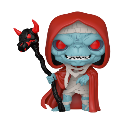 Figura colecionável de personagem azul com capa vermelha e cajado com cabeça de diabo