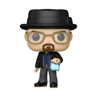 Boneco Funko Pop com chapéu preto, óculos castanhos, casaco preto e segurando vidro com cristais azuis