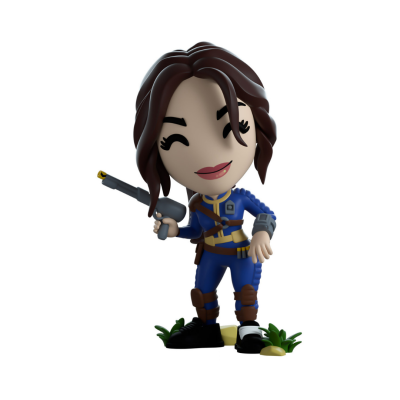 Figura estilizada a azul com arma e plantas na base