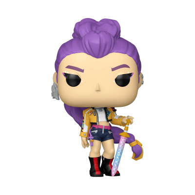 Figura Funko Pop com cabelo roxo, casaco amarelo, calções azuis, botas pretas/vermelhas e espada rosa