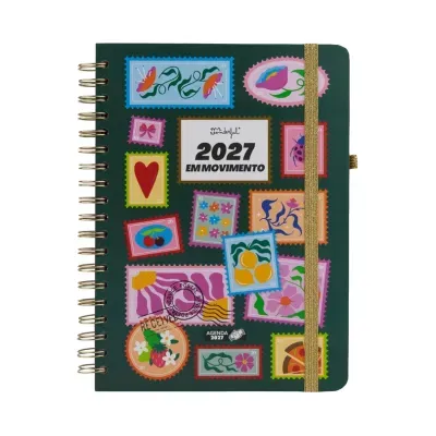 Agenda 2027 verde com estampas de selos coloridos e elástico dourado