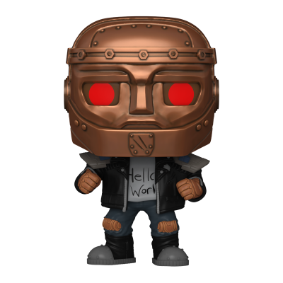 Figura Funko Pop com máscara metálica bronze, olhos vermelhos, jaqueta preta e t-shirt branca com texto