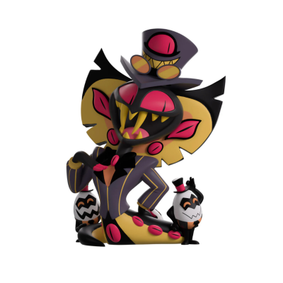 Figura de vinil estilizada com tema de vilão em preto, amarelo e rosa com chapéu alto e terno riscado