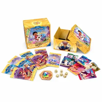 Jogo de cartas Disney Lorcana Hyperia City com cartas, dados e peças coloridas.