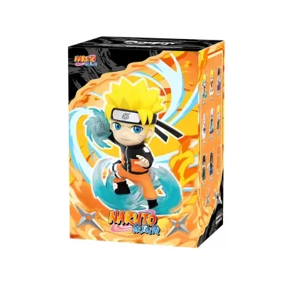 Caixa de brinquedo com figura de Naruto em fundo laranja