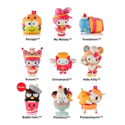 Nove figuras colecionáveis Sanrio coloridas em vinil com nomes visíveis.