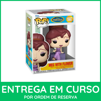 Estátua Funko Pop! de vinil Meg com flor do filme Hércules da Disney na caixa branca com azul e amarelo