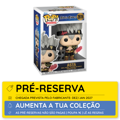 Funko Pop! Asta Black Clover número 2616 em embalagem com pré-reserva amarelo e azul