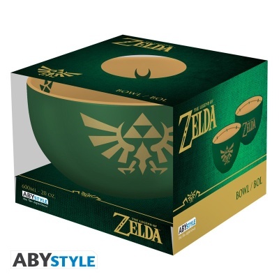 Caixa de embalagem de bowl verde com símbolo dourado de The Legend of Zelda